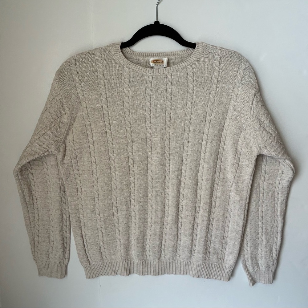 Vintage Talbots Petites Creamy Tan Crew Neck Cable Knit Cotton Sweater Size SP